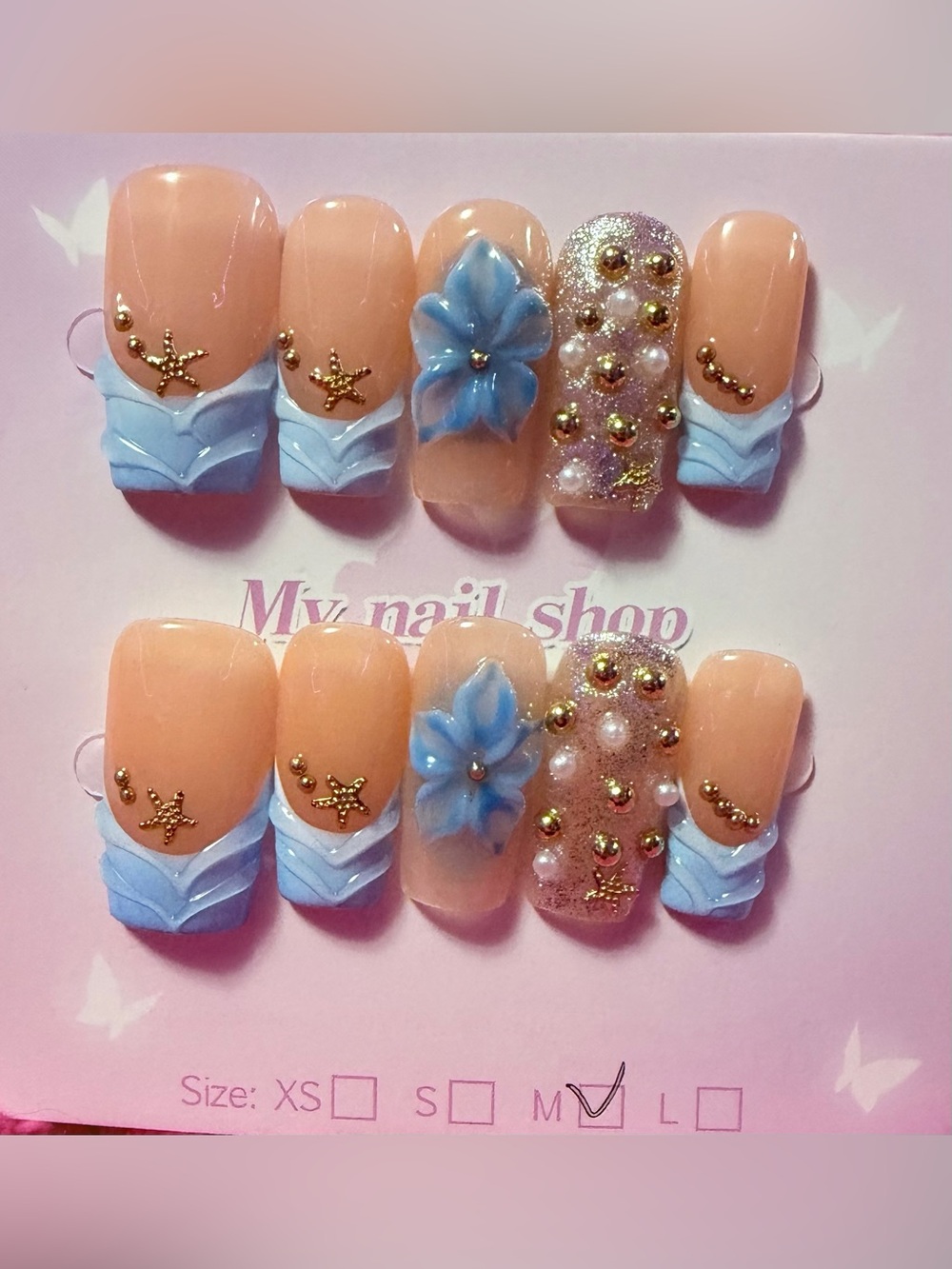 Peach & Baby Blue 3D Floral Press-On Nail Set - Unbranded